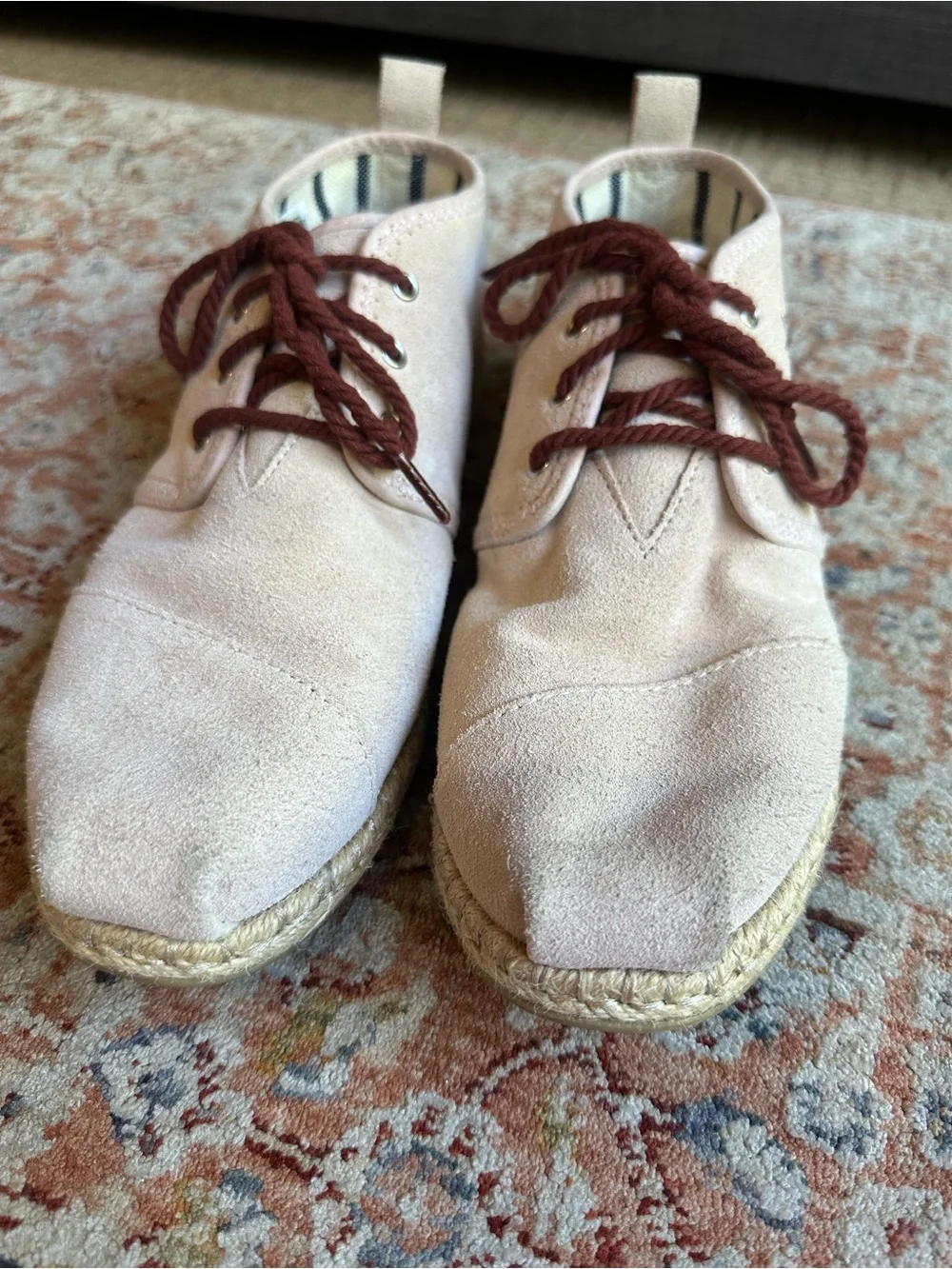 Toms Women's Suede Espadrille Oxford in Light Beige with Brown Laces